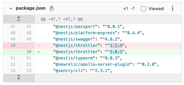 package.json diff upgrading @nestjs/throttler from ^1.1.4 to ^2.0.1