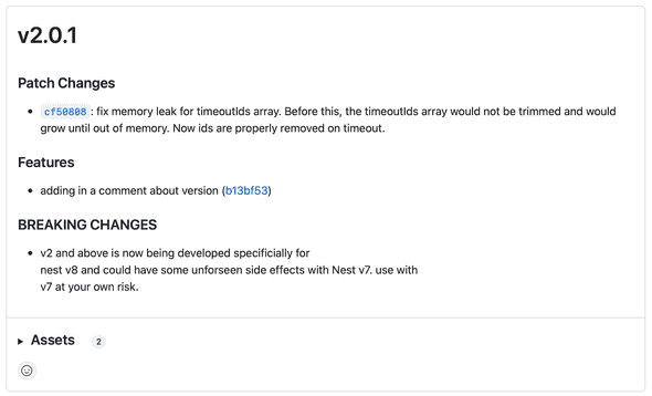 throttler v2.0.1 changelog: "fix memory leak for timeoutIds array — the timeoutIds array would not be trimmed and would grow until out of memory. Now ids are properly removed on timeout."