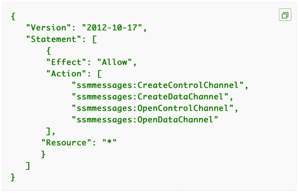 IAM policy JSON granting ssmmessages:CreateControlChannel, CreateDataChannel, OpenControlChannel, OpenDataChannel