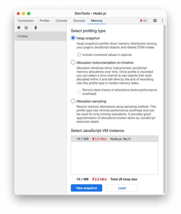 Chrome DevTools Memory tab showing Heap Snapshot profiling type selected with Take Snapshot button