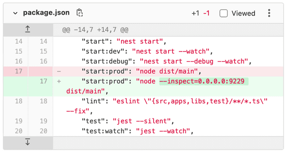 package.json diff showing start:prod changed from "node dist/main" to "node --inspect=0.0.0.0:9229 dist/main"